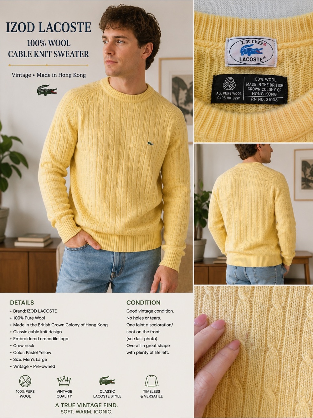 IZOD Lacoste Men's Yellow Cable Knit Wool Crewneck Sweater